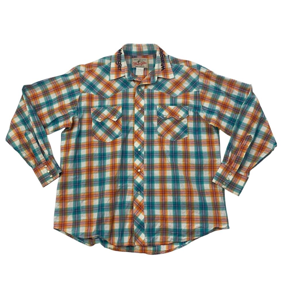 Wrangler Shirt Mens L Large Pearl Snap Button Metallic Plaid Cowboy Rodeo